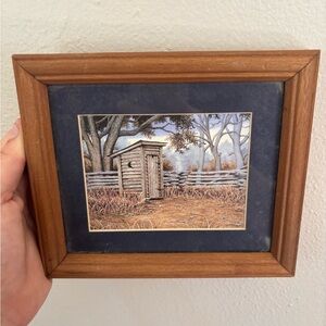 Rustic Wooden Framed Outhouse Print - Brown & Navy